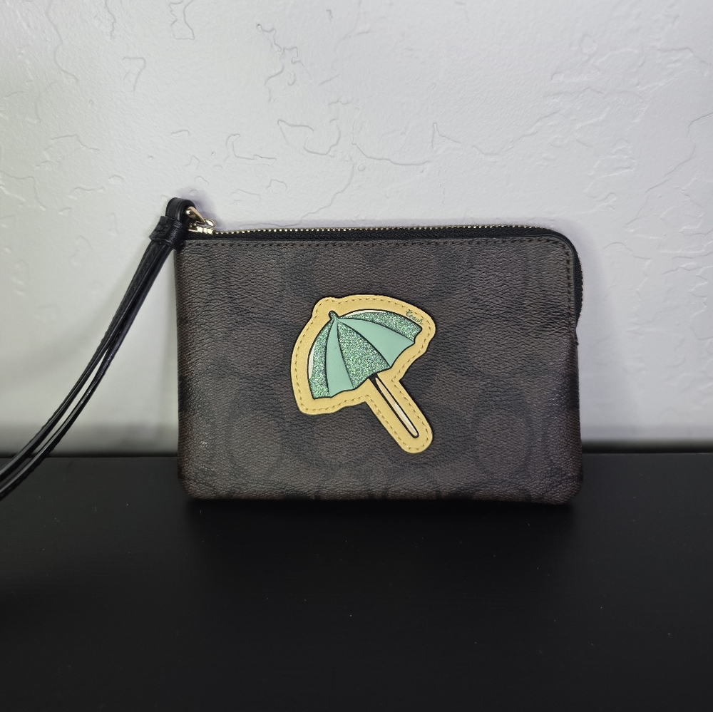 Coach Umbrella Patch Brown Logo Wristlet Cardholder